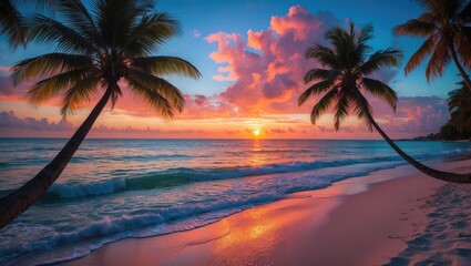 Vivid evening sky over a warm ocean shoreline dotted with palm shadows