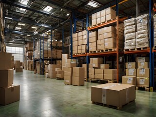 Warehouse Inventory Scene with Stacked Shelves and Cargo Containers, Emphasizing Industrial Scale and Logistics Activity