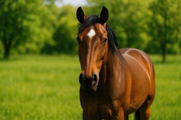 Fototapeta premium Chestnut steed featuring a white star marking on its forehead