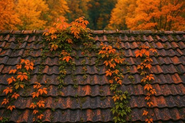 Vibrant hues of a weathered rooftop adorned with greenery and fall foliage