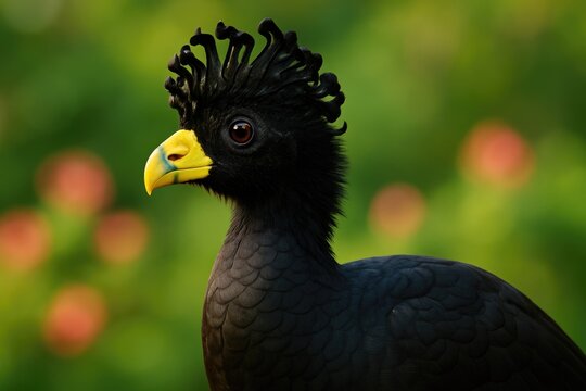 Close-up of a crest-bearing bird with a striking yellow beak in its natural tropical forest environment