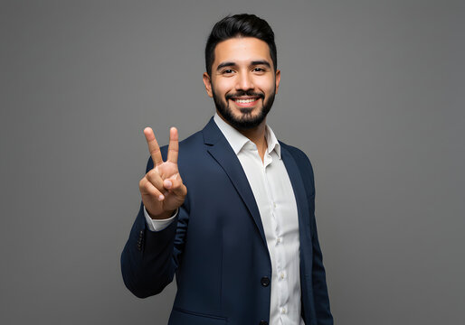 Smiling man in a suit makes a peace sign with his hand against a gray background.