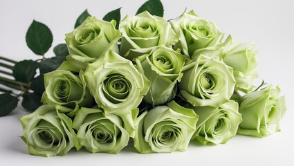 Arrangement of lush green roses on a plain white surface