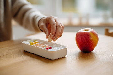 Hand placing colorful gummy candies in a tray beside an apple  
