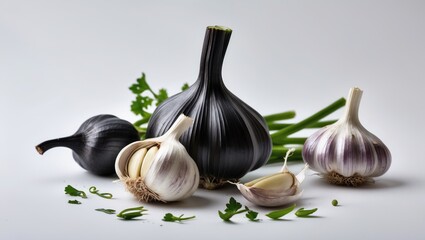 Pure black garlic (Allium sativum) on a white backdrop
