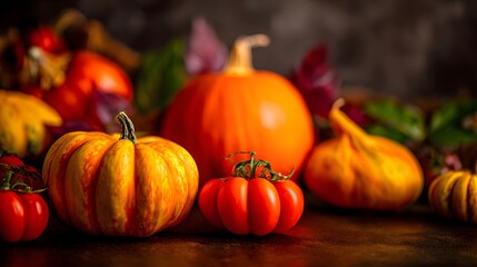 Vibrant assortment of pumpkins and autumn leaves arranged on a rustic table, evoking seasonal warmth