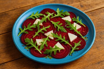 Thinly sliced beetroot served on a vibrant blue dish placed on a rustic wooden surface