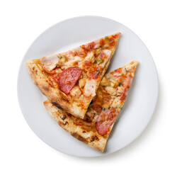 Pizza slices in a plate on a white background. Top view