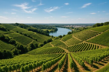 Obraz premium Bird's-eye perspective of rolling vineyards overlooking a river valley, renowned for its crisp white sauvignon blanc