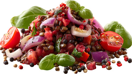 Delicious lentil salad with tomatoes and red onion isolated on transparent background