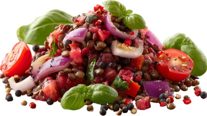 Delicious lentil salad with tomatoes and red onion isolated on transparent background