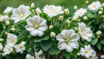 Fototapeta premium Elegant white blossoms with lush greenery, perfect for commercial floral displays and garden aesthetics, vintage style image