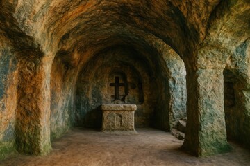 Obraz premium Ancient Cave-Temple from the Pre-Christian Era Located in a Village of the Borshchivsky Region