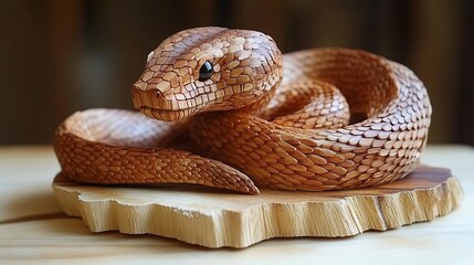 Carved wooden snake on a slice of wood.  Detailed scales and coiled body.  Small, dark eyes.  Warm, light brown tones