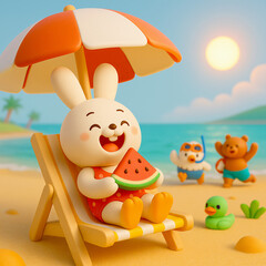 Summer story of three cute animals: rabbit, bear, and chick