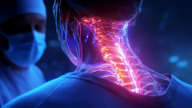 Glowing nerves and spine are visible through translucent skin during a surgical procedure on patient's neck, overseen by a surgeon wearing surgical mask