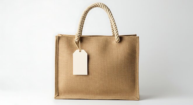 Natural Jute Tote Bag With Rope Handle and Blank Label Tag variation 2