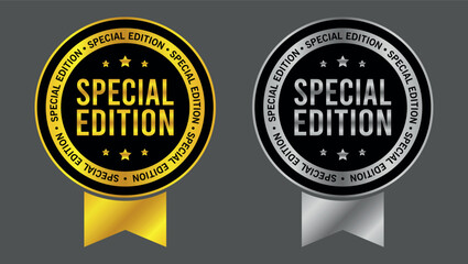 Special edition badge set with gold and silver ribbon labels on dark background representing exclusivity and quality	
