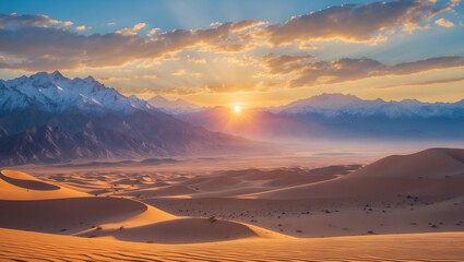 Naklejka premium Stunning dawn over a arid landscape with towering peaks