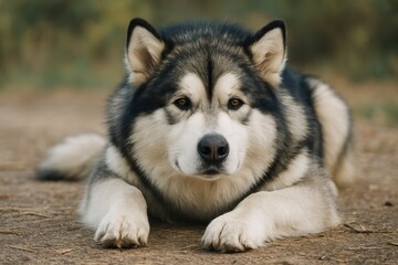 Obraz premium Cute large Alaskan Malamute resting on the ground