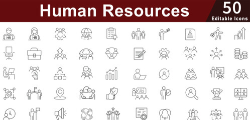 Human Resources HR Icon Set - 50 Editable Employee Management Icons for Recruitment, Training and Workforce Development Vector Collection
