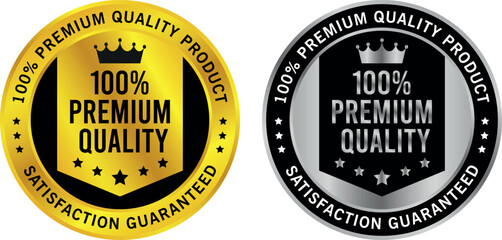 Two premium quality product seals in gold and silver with crown icon and satisfaction guaranteed message	