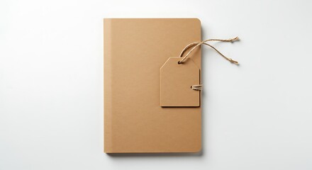 Naklejka premium Minimalist Brown Notebook with Attached Tag on White Surface