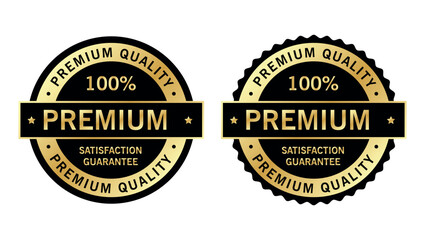 Premium quality badges with 100% satisfaction guarantee in black and gold, representing trusted certification	