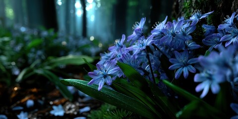 Obraz premium Vibrant blue wildflowers bloom in a misty forest during early morning light