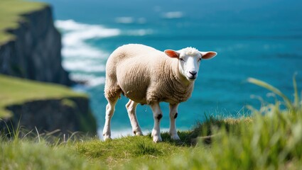 Obraz premium A white sheep perched against a vibrant blue ocean and lush grassy cliff backdrop