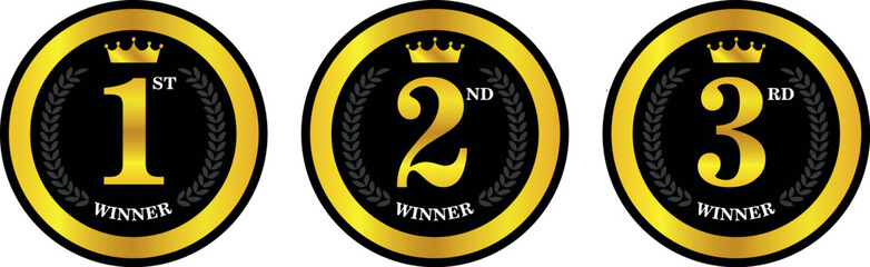 First, second, and third place winner badges in black and gold circles with crown and number design	
