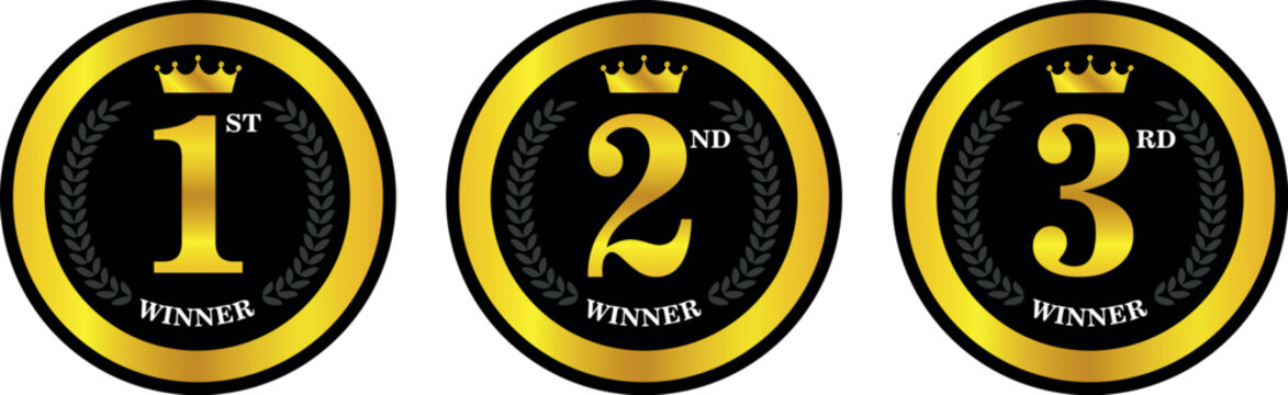First, second, and third place winner badges in black and gold circles with crown and number design	