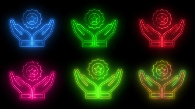 neon hands holding star badge set, glowing award icon animation bundle for quality and recommendation promos