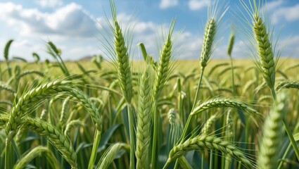 Springtime lush barley field with vibrant green spikes