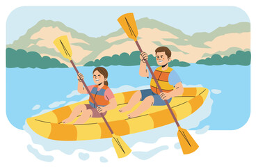 father and daughter kayaking on beautiful lake. extreme water rafting water sports