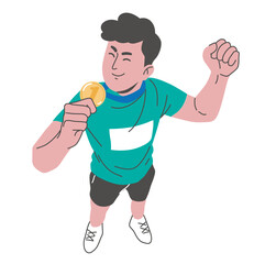 runner or marathoner wins gold medal. athlete wins competition from top angle