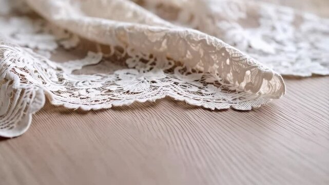 Delicate ivory lace fabric with intricate floral patterns drapes softly on a wood surface showcasing a vintage and elegant textile detail