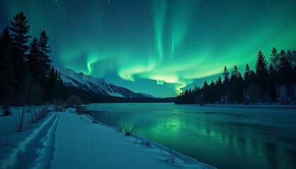Spectacular Display of Aurora Borealis Over a Snowy Landscape and River