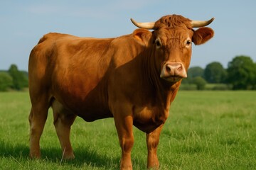 Brown Limousin cattle grazing in the field