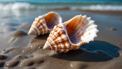 A seashell resting on moist shoreline sand