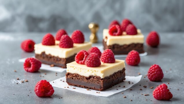 Creamy cheesecake bars topped with fresh raspberries on a textured gray surface. Tasty treat.