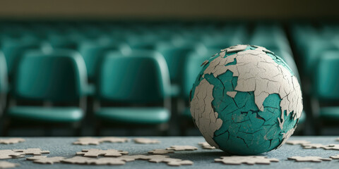 A spherical puzzle globe with missing pieces rests on a surface in front of a row of chairs. Concept: incomplete world, challenge, or assembly