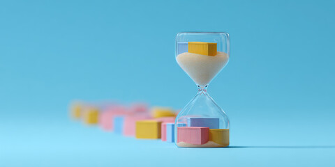 An hourglass with colored blocks inside is placed on a blue surface. Concept: time management, balance, and creativity