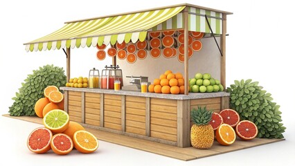 A bustling fruit stand displaying an assortment of fresh oranges and juices, creating a vibrant and inviting atmosphere.