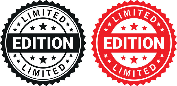 black and red limited edition badges in circular stamp style with stars and bold text design	