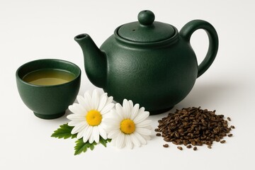 Elegant Asian teapot accompanied by a tea cup, floral decorations, and tea seeds on a white background