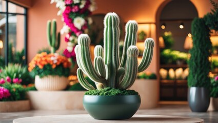 Potted cacti displayed at a boutique shop