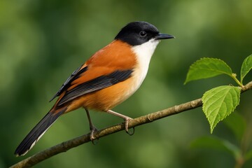 Fototapeta premium Adult Rufous-backed Sibia perched on a branch in a lush montane rainforest during daylight, captured from a high angle side perspective.