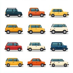 Classic cars in various colors and styles displayed in a grid layout showcasing timeless designs and diverse shapes