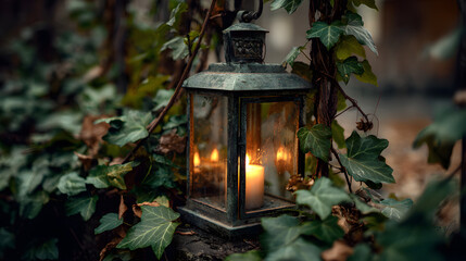 Old metal lantern with burning candle and dark ivy vines around
